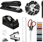 Office Desk Accessories, Black Office Supplies Accessories with Tape Dispenser, Stapler, Staple Remover, 1000 Staples, Tape, Clips Set, Ruler, Scissor, Pen