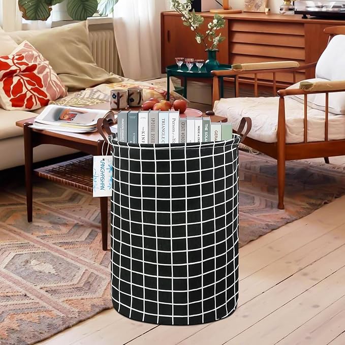 LANGYASHAN Laundry Basket Canvas Fabric Collapsible Organizer Basket for Storage Bin Toy Bins Gift Baskets Bedroom Clothes Children Nursery Hamper (Black Grid)