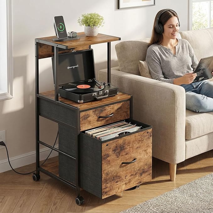 2-Drawer File Cabinets for Home Office, Filing Cabinet with Charging Station, Vertical Office Cabinet with Open Storage Shelf, Printer Stand with Drawer Fits A4 or Letter Size for Home Office
