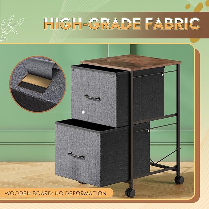 DEVAISE 2 Drawer Mobile File Cabinet, Rolling Printer Stand, Fabric Vertical Filing Cabinet fits A4 or Letter Size for Home Office, Rustic Brown Wood Grain Print