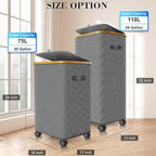 Laundry Hamper with Wheels,29 Gal (110L) Laundry Basket with lid Rolling Clothes Hamper Foldable Dirty Clothes Basket on wheels with Bamboo Frame and Bag for Bedroom, Dorm, Laundry Room-Grey