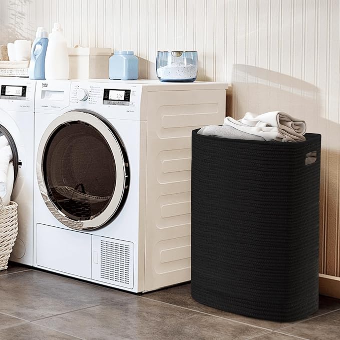 Large Laundry Hamper 16"x13"x22" - Tall Woven Laundry Basket, Cotton Rope Dirty Clothes Hamper, Baby Kids Nursery Wicker Laundry Basket, Bedroom Aesthetic, Soft Laundry Bin, Black Hamper, 75L