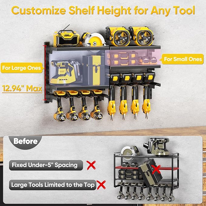 Large Modular Power Tool Organizer Wall Mount With 6 Adjustable Shelf, Heavy Duty Iron Tool Storage Rack Loads 300lbs with 8 Cordless Tools Drill Holder,Battery Utility Rack for Garage Workshop