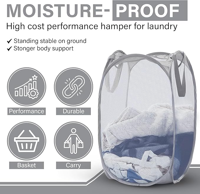 DecorRack 1 Pack Mesh Pop Up Laundry Hamper, Lightweight Foldable Clothes Basket with Easy Carry Handles, Durable Mesh Design for Air Circulation and Simple Storage, Gray (1 Pack)
