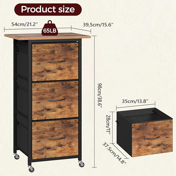 3 Drawer File Cabinet, Vertical Filing Cabinet with Wheels, Printer Stand with Non-Woven Fabric Drawer, Adjustable Hanging Rods, fits A4/Letter Size, for Home Office, Rustic Brown FCHR5901
