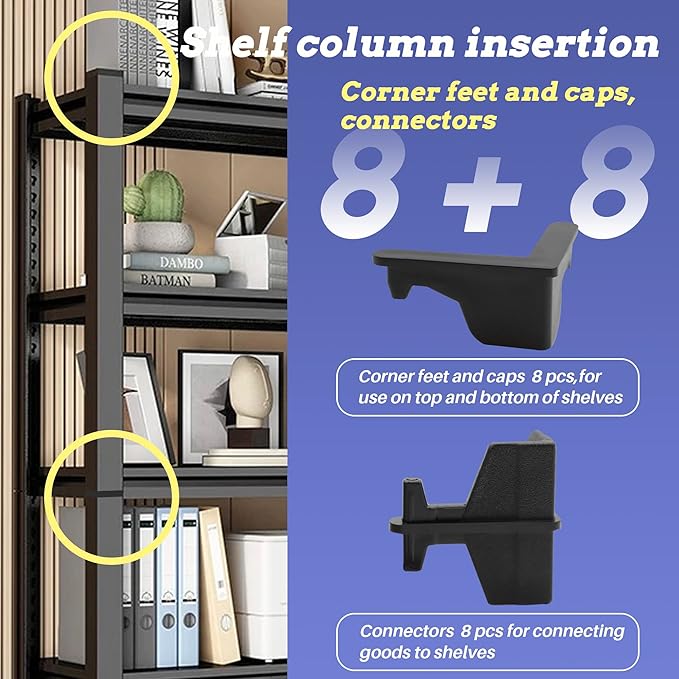 Post Inserts Connectors - PP Plastic, Injection Molded, Sturdy Support - Black, 8 Post Corner Connectors and 8 Post Caps, Compatible with Whalen and Costco 5 Shelf Shelving Unit