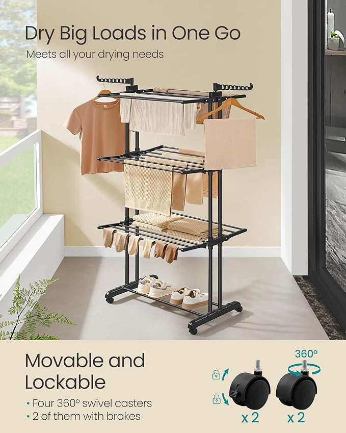 SONGMICS Clothes Drying Rack Stand 4-Tier, Foldable Laundry Drying Rack 68.1-Inch Tall, Stainless Steel, Rolling Clothes Horses Dryer Rack, Easy to Assemble, Indoor Outdoor Use, Ink Black ULLR701B01