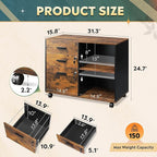 DEVAISE 3-Drawer Wood File Cabinet with Lock, Mobile Lateral Filing Cabinet, Printer Stand with Open Storage Shelves for Home Office, Rustic Brown