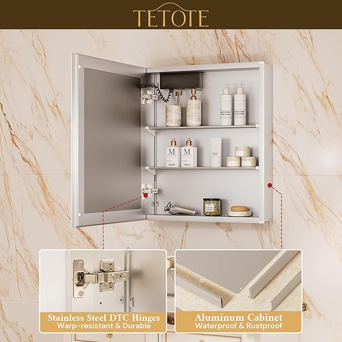 TETOTE 36 x 32 Medicine Cabinet with Lights, Adjustable Shelves, Silver Aluminum Cabinet, Anti-Fog Stepless Dimmable 3 Colors White/Warm/Natural, Easy to Install(Wall Mount/Recessed)
