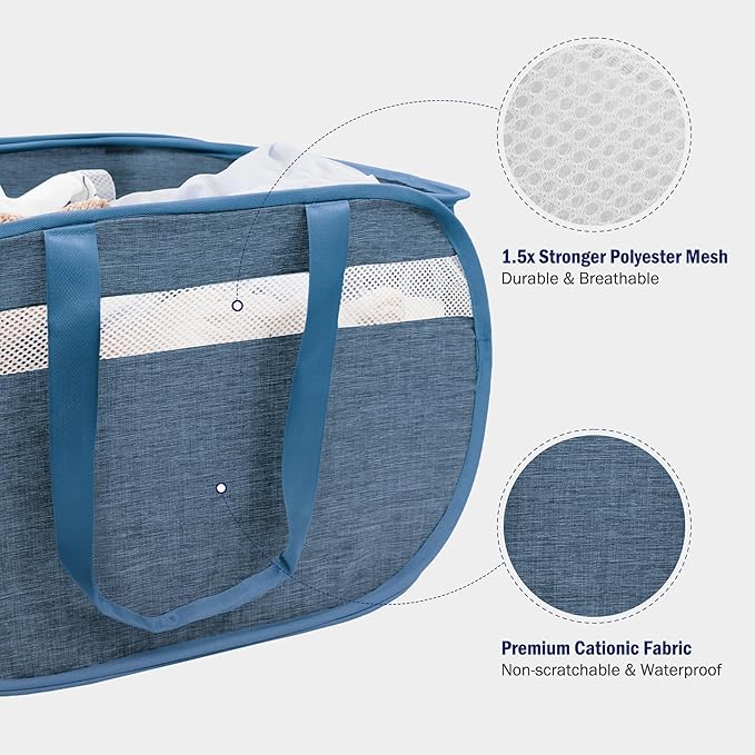 Collapsible Laundry Baskets, Foldable Tear Proof Pop Up Hamper with Reinforced Carry Handles, Durable Laundry Hamper for Home, Laundry, Bathroom, Dorm or Travel (Blue)