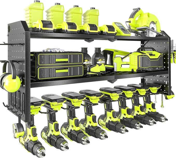 KAFAHOM Power Tool Organizer，Large 8 Drill Holder Wall Mount ，Heavy Duty Metal Tool Shelf with 12 Hooks，Storage Rack for Garage Organization，Utility Cordless Drill Holder and Battery Shelves