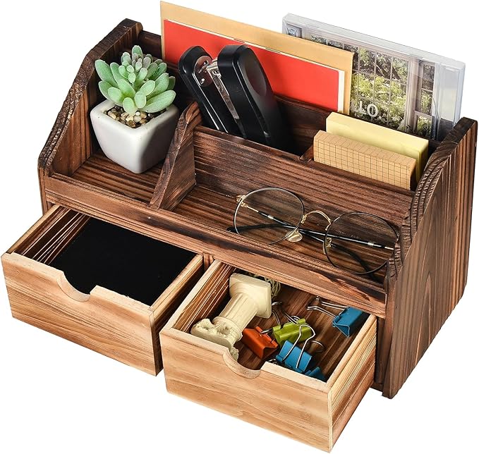 Rustic Torched Dark Brown Wood Desk Organizer Wooden Tabletop Stationery Holder Multiple Compartments Slots 2 Drawers Storage Cabinet Office Supplies Makeup Accessory Sorter Display Box Home