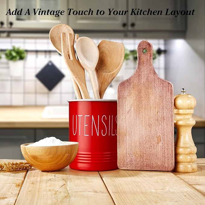 Bivvclaz Kitchen Utensil Holder - 6.7" Utensil Holder for Kitchen Counter - Cooking Utensil Crock with Cork Bottom - Red Decor and Accessories - Countertop Utensil Storage Caddy Organizer