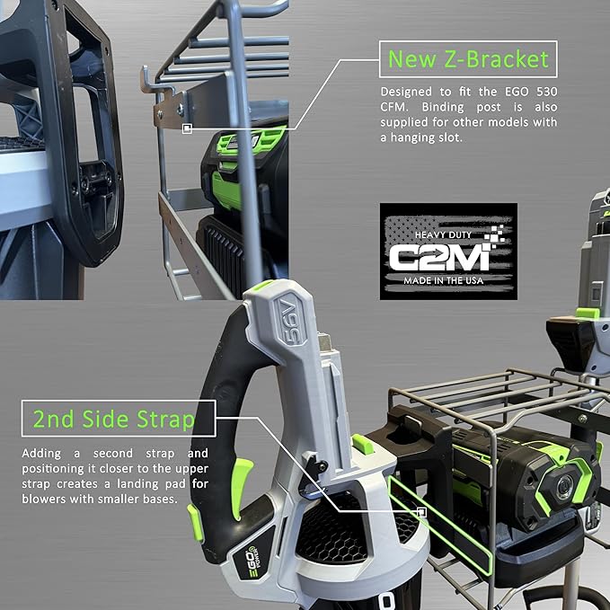 c2M Lawn Power Tool Organizer Wall Mount Rack Hanger for Leaf Blower (now compatible with EGO 530) and String Trimmer Weed Eater