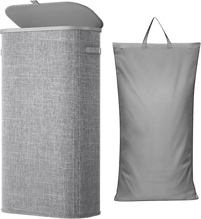 Lifewit 75L Slim Laundry Basket with Lid, Narrow Large Laundry Hamper with Plastic Handles and Removable Bag, Tall Foldable Dirty Clothes Hampers for Laundry Room, Bedroom, Bathroom, Dorm, Gray