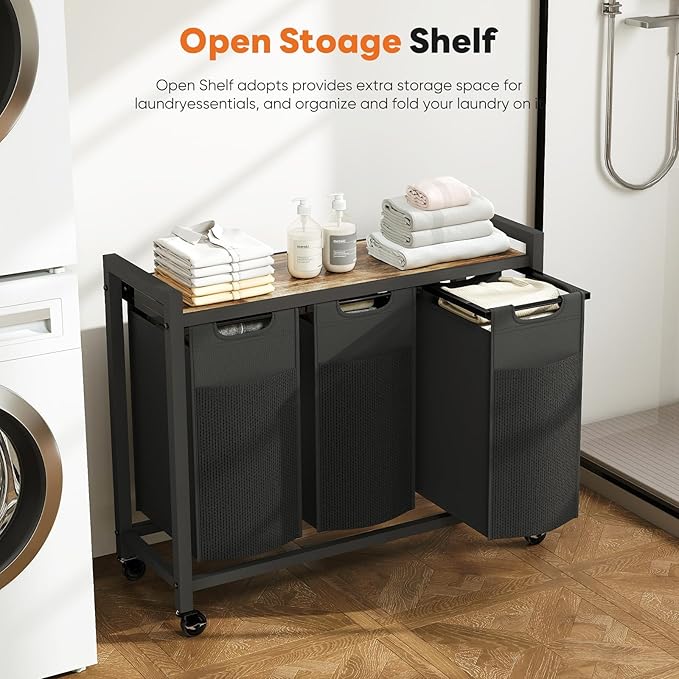 NEWBULIG Rolling Laundry Hamper with Removable Pull-Out Bag, Freestanding Clothes Basket Organizer with Wheels for Bathroom & Bedroom, 3 × 10.8 Gal (123L) - Rustic Brown & Black