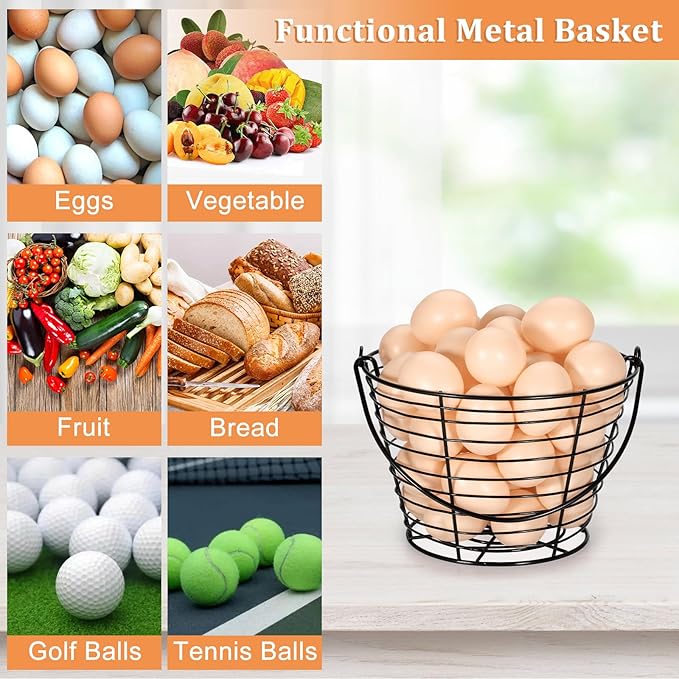 3 PCS 8" Black Round Wire Egg Baskets With Handle, Small Metal Egg Collecting Basket for Gathering Fresh Eggs, Chicken and Duck Eggs Hunting Basket Egg Holder Countertop