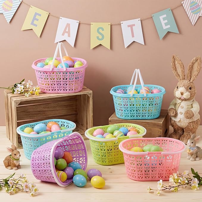 Havawish Easter Baskets Bulk with Handle Small Colorful Plastic Eggs Baskets Easter Bucket for Egg Hunt Spring Party Favors(50 Pcs,Rectangular)