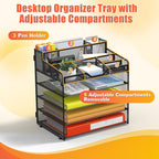 Docnest 5 Tier Mesh Desk Organizer for Paper Office Supplies – Multi-Functional Letter Tray with 5 Adjustable Compartments, 3 Pen Holders, Desktop Storage for Files, Mail, Stationery – Black