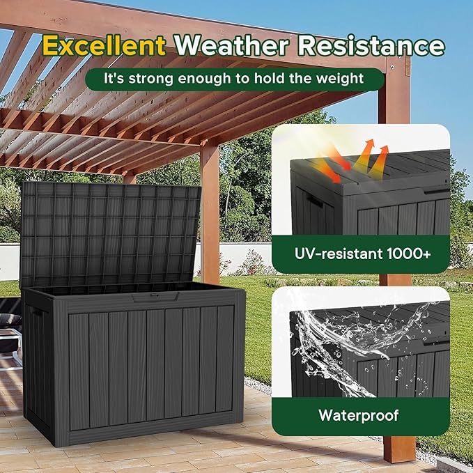 45 Gallon Outdoor Deck Box,Waterproof Resin Outdoor Storage Boxes, Outside Storage Lockable Container for Garden Tools,Indooor Cushions,Accessories (Black)
