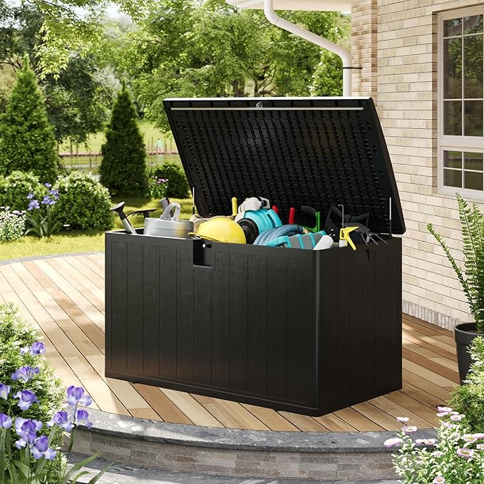 Garvee 130 gal Deck Box, Lockable Outdoor Storage Box with Lid, All-Weather Outdoor Storage Bin with Side Handles for Patio Furniture, Pool Accessories, Gardening Tool, Black