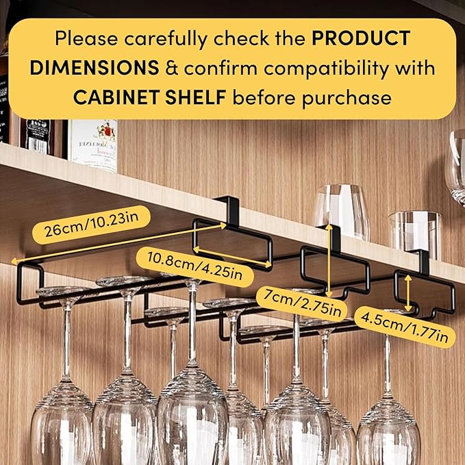 LINFIDITE Wine Glass Holder 2PCS Stemware Rack Hanger Under Cabinet Wine Glass Rack Kitchen Hanging Storage Rack Organizer,Black (For Partition Thickness under 0.98")