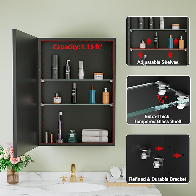 Buruis 20" x 28" Framed Medicine Cabinet with Mirror, Recessed or Wall Mounted Bathroom Cabinet, Adjustable Tempered Glass Shelves, Left/Right Open Reversible, No Assembly Required, Black