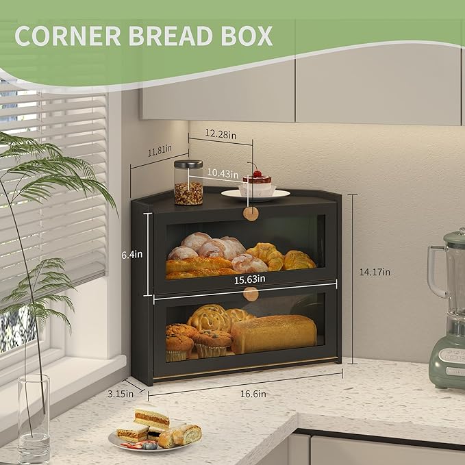 Black Corner Bread Box for Kitchen Countertop, Large Bread Container Storage Bamboo Wooden Farmhouse Bread Box with Window Bread Holder