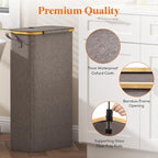 Lifewit 65L Slim Laundry Hamper with Lid, Narrow Laundry Basket with Removable Bag & Bamboo Handles, Fodable Thin Dirty Clothes Hamper for Laundry Collapsible Bin for Bathroom Bedroom Dorm, Brown