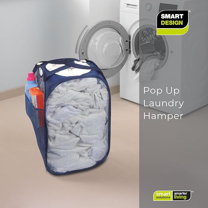 Smart Design Deluxe Mesh Pop Up Square Laundry Hamper w/ Side Pocket & Handles - VentilAir Fabric Collapsible Design - for Clothes & Laundry - Home - (Holds 2 Loads) (14 x 23 Inch) [Blue]