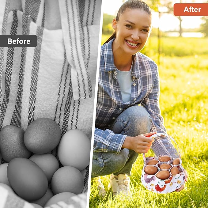 Egg Collecting Basket, Canvas Egg Basket for Gathering with 7 Pouches for Chicken, Duck, Goose, Bird, Various Poultry Collection (Cartoon Chicken Style 3)