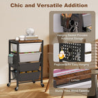 Rolling Cart with Drawers, Rolling Storage Cart with Large Plastic Drawers & Wooden Tabletop, Utility Cart with Pegboards & Basket, Storage Drawers Cart for Living Room, Classroom, Bedroom, Office