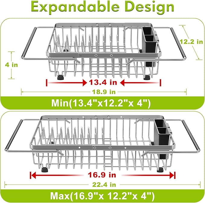 JASIWAY Dish Drying Rack in Sink, Expandable Stainless Steel Dish Drainer for Kitchen Sink, Dish Strainer Rack, Retractable Over Sink Dish Rack with Utensil Holder, 13.4''~16.9''D x 12.2''W, Silver