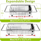 JASIWAY Dish Drying Rack in Sink, Expandable Stainless Steel Dish Drainer for Kitchen Sink, Dish Strainer Rack, Retractable Over Sink Dish Rack with Utensil Holder, 13.4''~16.9''D x 12.2''W, Silver