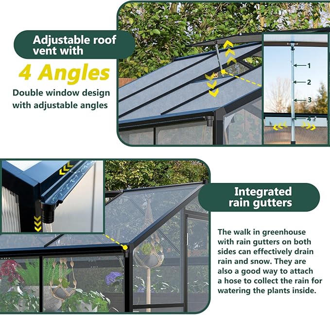 Polycarbonate Greenhouse for Outdoors, Large Walk-in Aluminum Frame Greenhouse with Lockable Door, Adjustable Roof Vent, UV Protection, Weather-Resistant for Garden Backyard (Black,6x10 FT)