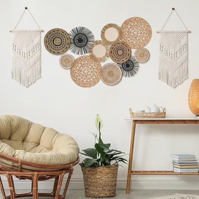 Tatuo 11 Pcs Boho Wall Basket Decor Decorative Bulrush Woven Basket Wall Decor Art Round Farmhouse Hanging Baskets for Kitchen Rustic Home Summer Decorations, Multi Sizes(Flower)