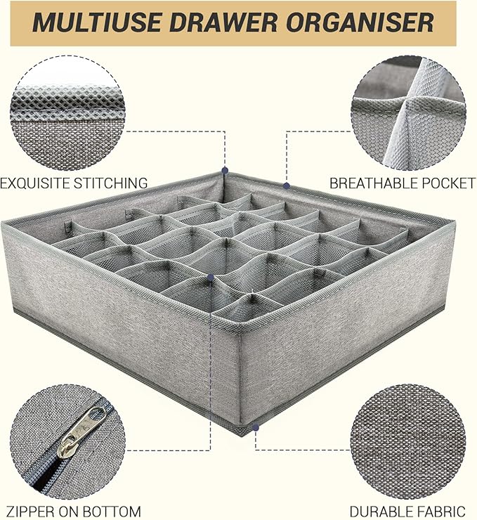 3 Pack 72-Cell Fabric Sock Organizer and Tie Organizer For Men - Fabric Foldable Drawer Divider for Socks, Underwear, Ties and Belts - Foldable, Multi-Cell Design, Space-Saving (Grey)
