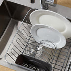 2-Piece Dish Drying Rack & Cutlery Holder Set - Compact Sink-Fitting Dish Drainer with Rubberized Undercoating, Space-Saving Kitchen Organizer for Plates, Cups, Bowls & Utensils, Gray (Pack of 2)