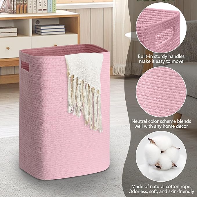 Large Laundry Hamper 16"x13"x22" - Tall Woven Laundry Basket, Cotton Rope Dirty Clothes Hamper, Baby Kids Nursery Wicker Laundry Basket, Bedroom Aesthetic, Soft Laundry Bin, Pink Hamper, 75L