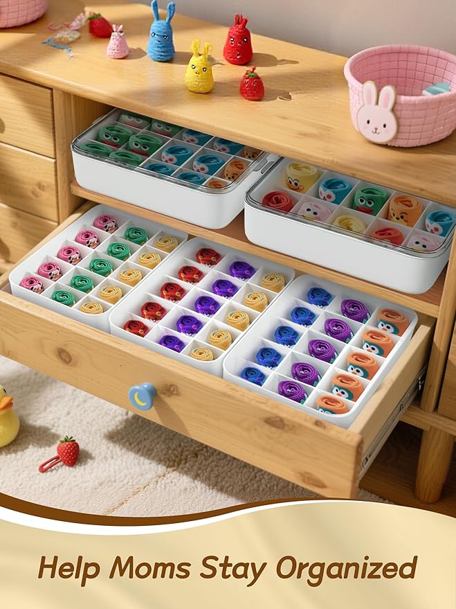 Sock and Underwear Organizer for Drawer with Lid, 15 Grid Plastic Storage Box for Closet and Dresser, Drawer Organizer for Baby Clothes and Nursery, Tie and Necktie Holder, Small Parts Storage Box
