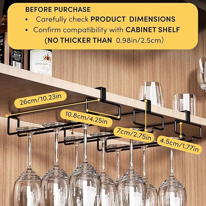 LINFIDITE Wine Glass Holder 2PCS Stemware Rack Hanger Under Cabinet Wine Glass Rack Kitchen Hanging Storage Rack Organizer,Black (For Partition Thickness under 0.98")