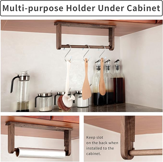 Wood-Paper-Towel-Holder-Under-Cabinet-Kitchen-Handmade - Wall Mounted/Adhesive No Drill Sturdy Roll Hanging Organizer, Horizontal Papertowel Dispenser Easytear, Handcraft Decor Gift Real Woodwork Home