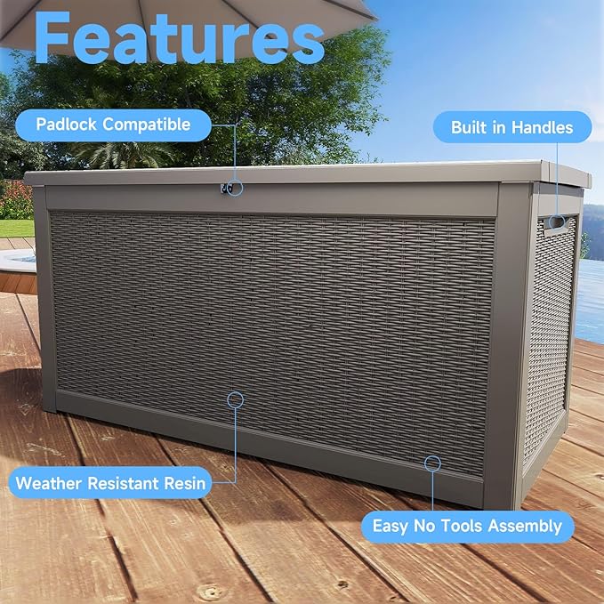 320 Gallon Deck Box Large Outdoor Storage Box Waterproof for Patio Furniture,Outdoor Cushions,Garden Tools and Pool Supplies,Weatherproof(Grey,320Gallon)