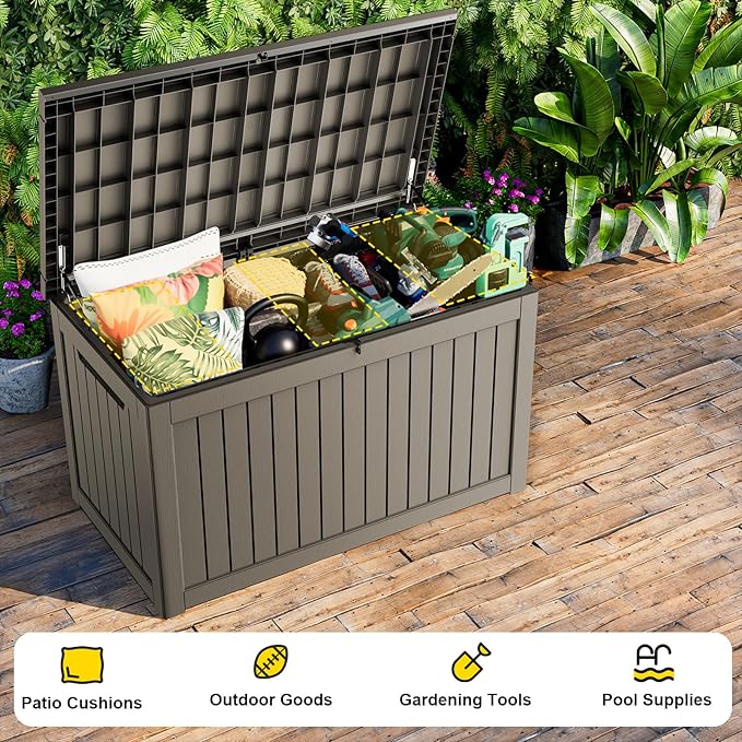 280 Gallon Deck Box Large Outdoor Storage Box Waterproof for Patio Furniture,Outdoor Cushions,Garden Tools and Pool Supplies,Weatherproof(Grey,280Gallon)