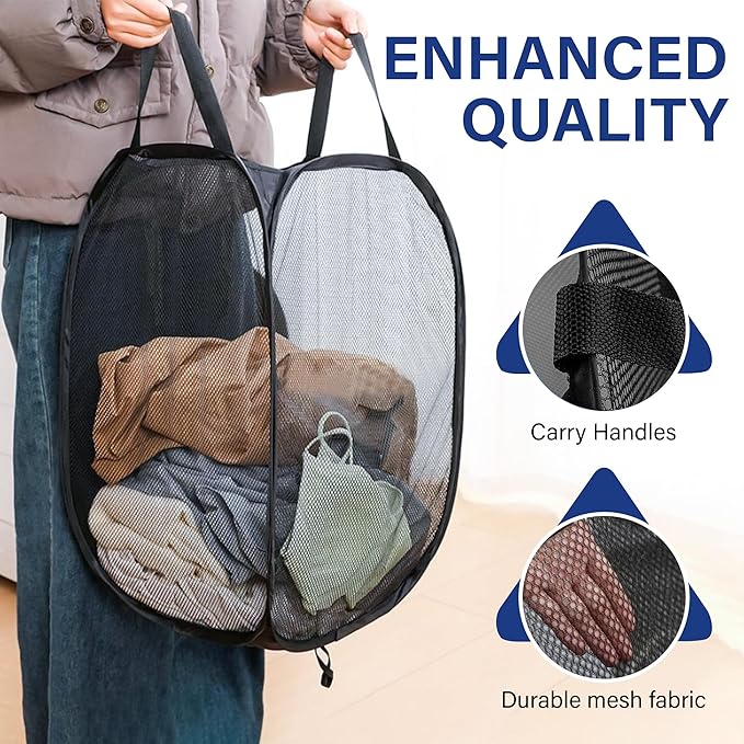 DecorRack 1 Pack Mesh Pop Up Laundry Hamper, Lightweight Foldable Clothes Basket with Easy Carry Handles, Durable Mesh Design for Air Circulation and Simple Storage, Black (1 Pack)