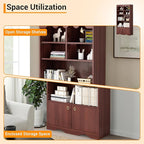 CABIHOME 63" Tall Bookshelf with Cabinet, 5-Tier Wood Bookcase with Wave Top, 6 Cubes & 2 Door Cabinets, Modern Display Storage Shelves with Gold Handles for Living Room, Bedroom & Home Office, Walnut