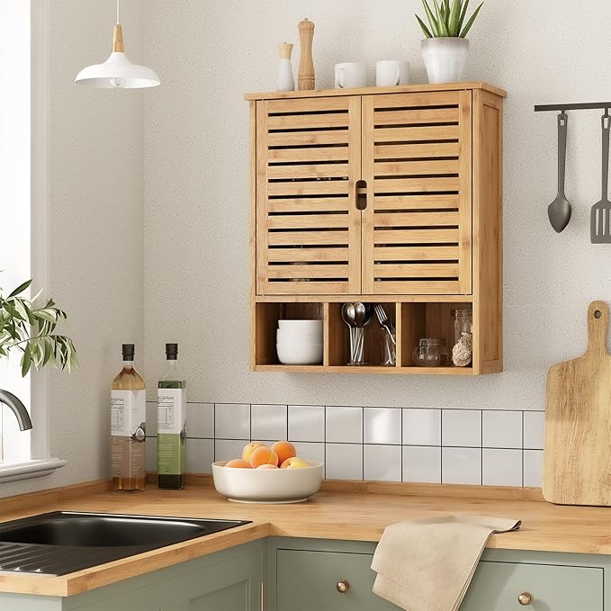 Bathroom Wall Storage Cabinet, Bamboo Medicine Cabinet with Doors and Adjustable Shelves, Bathroom Medicine Cabinet Wall Mount, Wall Mounted Over-The-Toilet Storage Cabinet