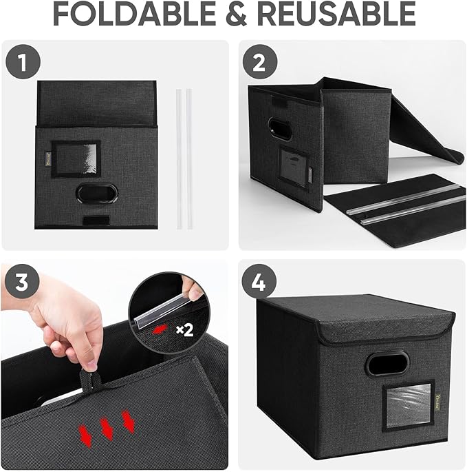 BALEINE File Organizer Box with Lid, Collapsible File Folder Organizer with Plastic Slide, Hanging File Folder Box for Office Document Storage (4 Pack, Black)