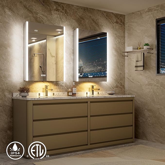 24x32 Lighted Medicine Cabinet Mirror with Lights & Smart Night Lamp -Surface or Recessed Medicine Cabinet Mirror with Outlet & Clock,Fogless Dimmable LED Storage Mirror,Built-in Sensor Light