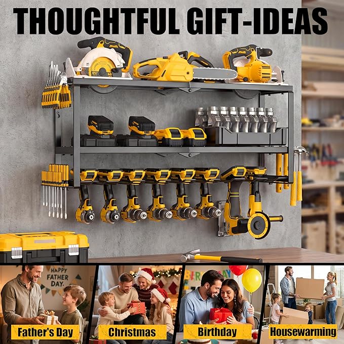 Power Tool Organizer Wall Mount, Heavy Duty Metal Tool Storage Rack Loads 320lbs, 8 Cordless Drill Holder 3 Layer for Garage, Workshop, Tool Room, Gift for Men